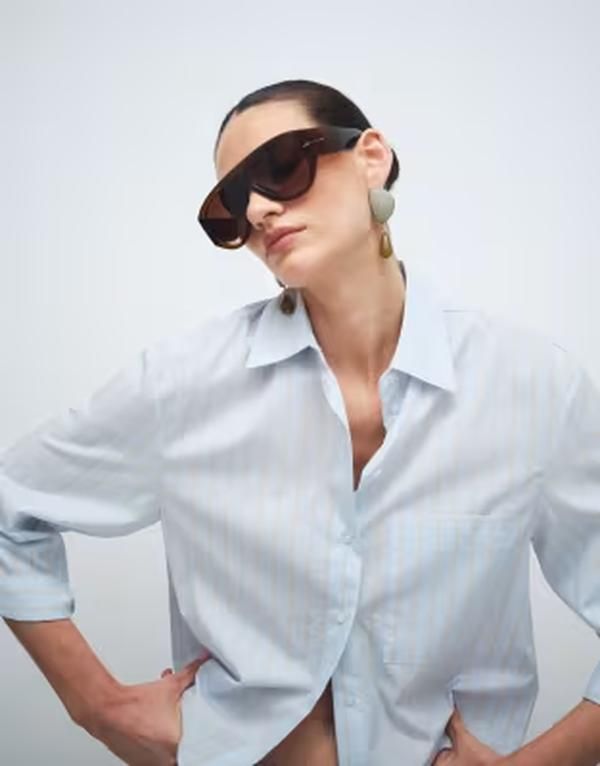 マンゴ レディース トップス シャツ コットン Mango 100 cotton long sleeve shirt in pastel blue and yellow stripes BLUE ブルー