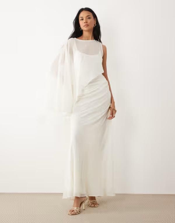 エイソス レディース トップス ワンピース アシンメトリー ドレープ マキシ ASOS DESIGN draped batwing asymmetric one sleeve maxi dress Ivory アイボリー
