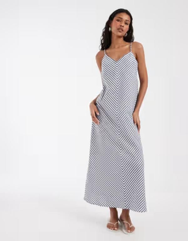ヴェロモーダ レディース トップス ワンピース ミディ リネン Vero Moda linen blend cami strap midi dress and white stripe Navywhite ホワイト