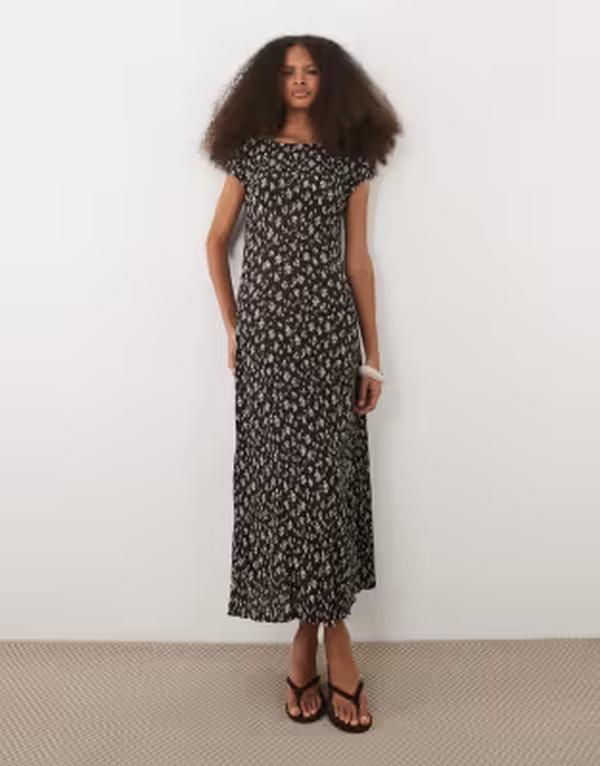 マンゴ レディース トップス ワンピース フラワー柄 プリント ミディ キャップ フラワー Mango cap sleeve crinkle midi dress floral print BROWN ブラウン
