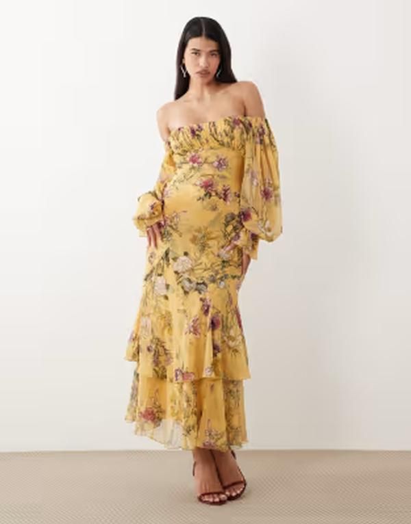エイソス レディース トップス ワンピース ティアード フラワー柄 フリル マキシ フラワー ASOS DESIGN bardot ruffle maxi dress with tiered godets and blouson sleeves in yell