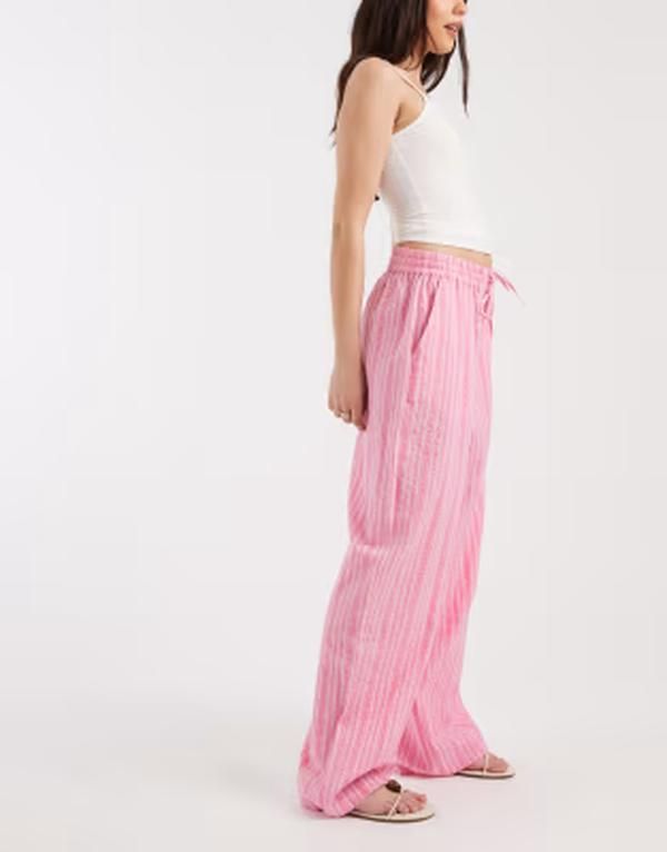 ヴェロモーダ レディース ボトムス カジュアルパンツ ワイドレッグ プリント コットン Vero Moda cotton seersucker tie waist wide leg pantstriped print PinkABoo ピンク