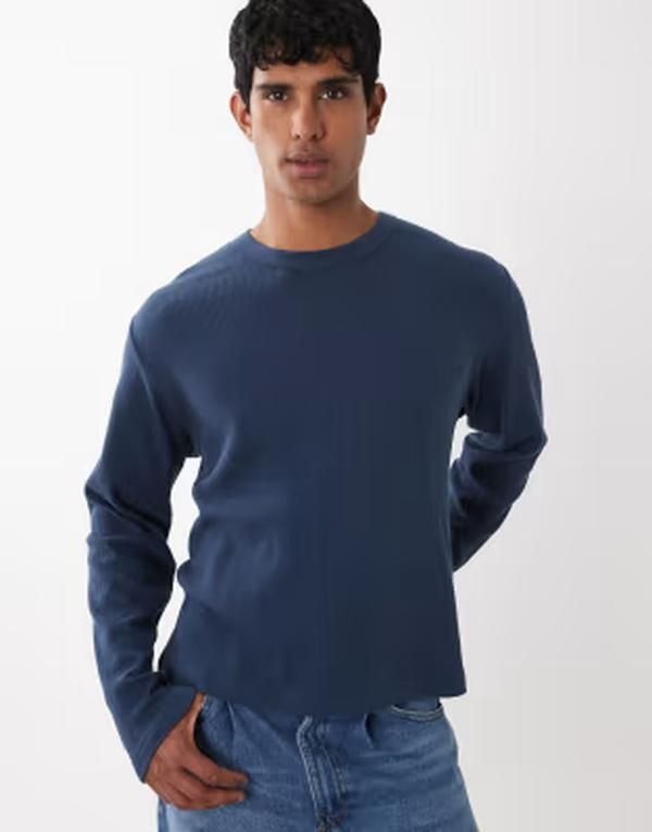 コットンオン メンズ トップス Tシャツ クロップド Cotton cropped fit long sleeve top waffle Navy Waffle ネイビー