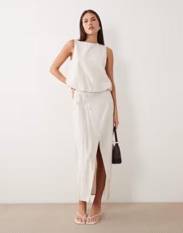 ヴィラ レディース ボトムスカート ミディ リネン VILA linen blend button front midi skirt in super light natural melange Super light