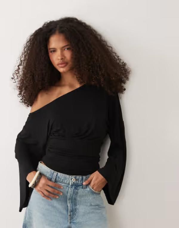 エイソス レディース トップス シャツ ウエストマーク ASOS DESIGN fallen shoulder cinched waistop Black ブラック