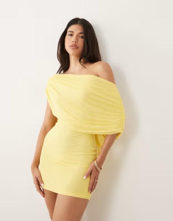 エイソス レディース トップス ワンピース ドレープ ミニ メッシュ ASOS DESIGN mesh draped off shoulder mini dress in lemon