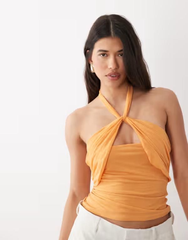 エイソス レディース トップス シャツ シフォン ホルター ASOS DESIGN stretchiffon halter wrap top in orange オレンジ