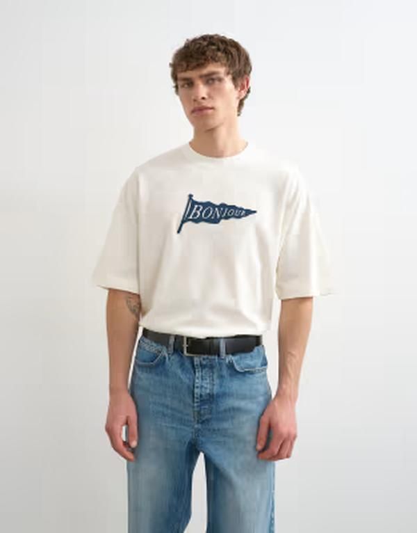 トップマン メンズ トップス Tシャツ リラックスフィット Topman relaxed fitshirt with Bonjour Flag patch in ecru エクリュ