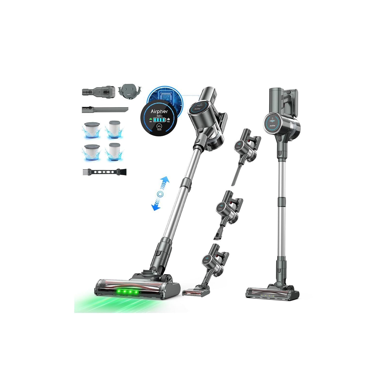掃除機 コードレス 【2027先行発売！875kPa真超強力吸引！・ADS（AI Dust Sensor）・自立式】Airpher コードレス掃除機 スティッククリーナー 強力 65分連続運転 着脱式バッテリー 自走式 LED液晶ディスプレイ 軽量 低騒koe