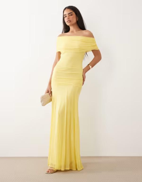 エイソス レディース トップス ワンピース メッシュ マキシ ASOS DESIGN mesh off shoulder cinchedropped waist maxi dress withigh godetail in lemon