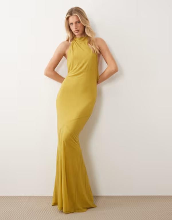 エイソス レディース トップス ワンピース シフォン ハイネック マキシ ASOS DESIGN stretchiffon high neck racer fishtail maxi dress with spliced godetail Avocado グリ