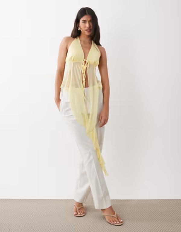 エイソス レディース トップス Tシャツ シフォン フリル ASOS DESIGN stretchiffon ruffle top in lemon yellow イエロー