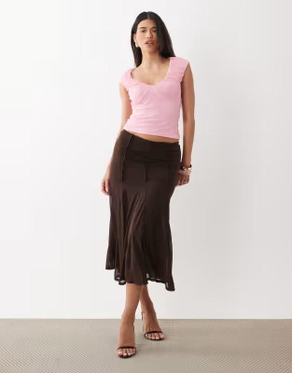 エイソス レディース トップス Tシャツ ギャザー メッシュ ASOS DESIGN mesh ruched scoop topink ピンク