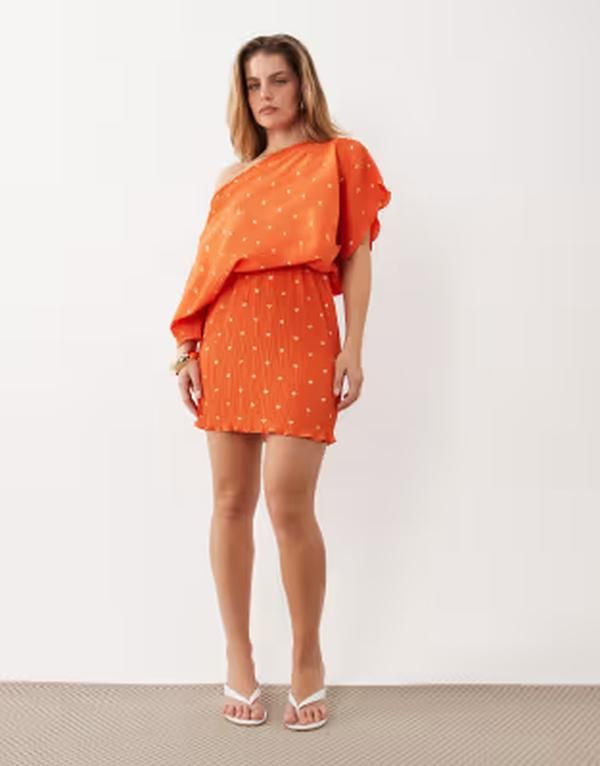 ネバーフリードレスド レディース トップス ワンピース プチ ミニ Never Fully Dressed Petite Tilly off shoulder plisse mini dress in orange オレンジ