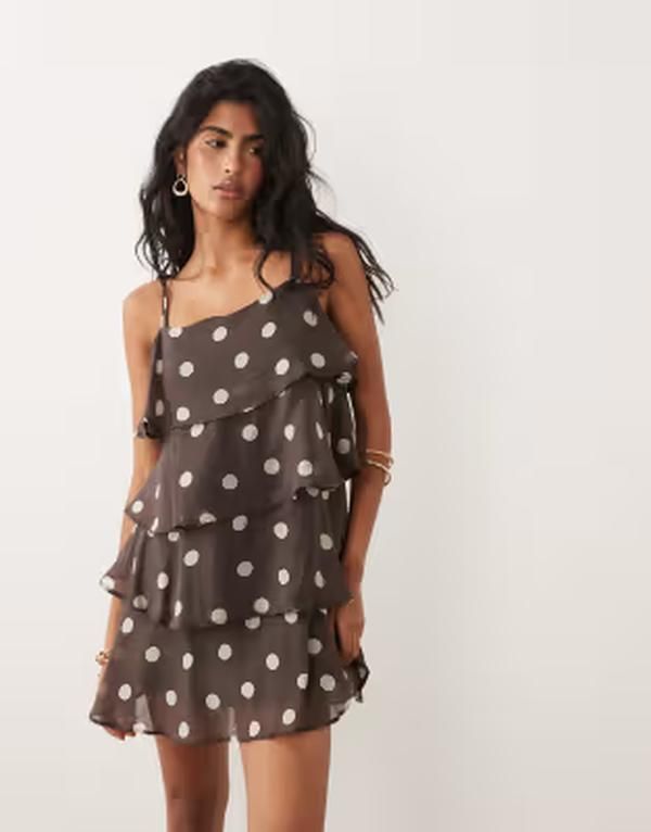 ジェイディーワイ レディース トップス ワンピース ドット柄 ドット プリント フリル ミニ JDY mini cami dress with ruffle layers polka dot print CHOCOLATE BROWN ブラウン