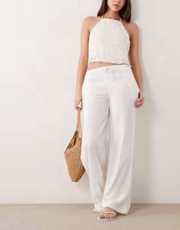 マンゴ レディース ボトムス カジュアルパンツ ストレート Tシャツ リネン Mango Teen linen mix tie waistraight leg pants WHITE ホワイト
