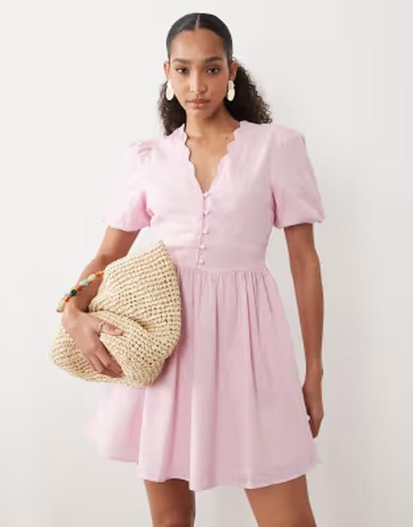 ノーバディーズ チャイルド レディース トップス ワンピース Vネック ミニ リネン Nobodys Child Bess linen blend scallop edge vneck puff sleeve mini dress pink ピンク