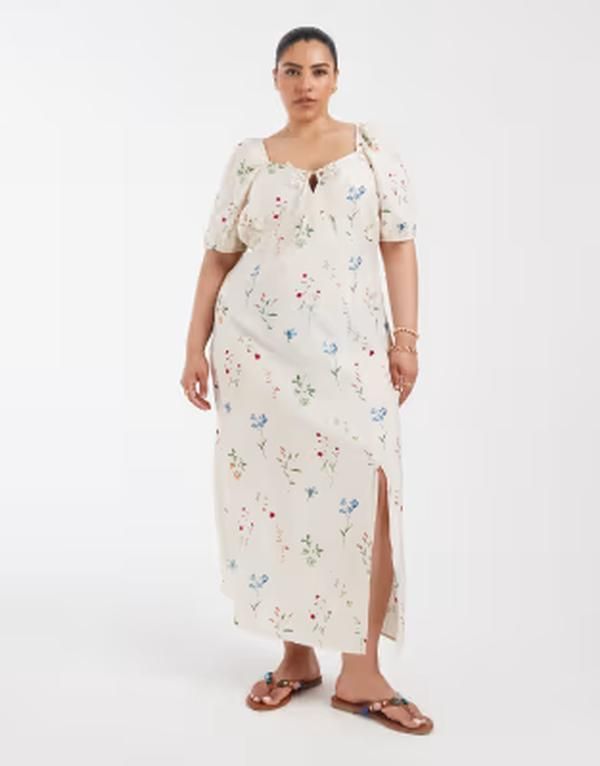 ヴェロモーダ レディース トップス ワンピース フラワー柄 プリント マキシ フラワー Vero Moda Curve puff sleeve tie front detail maxi dress in cream floral print Birch Bi
