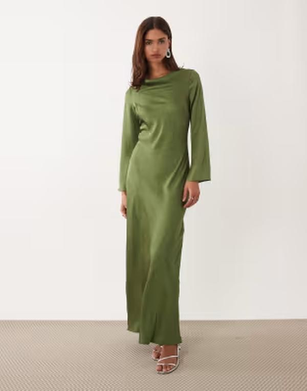ティエフエヌシー レディース トップス ワンピース サテン マキシ TFNC satin flared long sleeve maxi dress in olive オリーブ