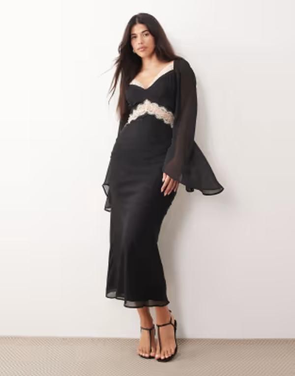 エイソス レディース トップス ワンピース シフォン ドレープ ミディ レース ASOS DESIGN lace appliqu chiffon mix draped sleeves midi dress and creamono クリーム