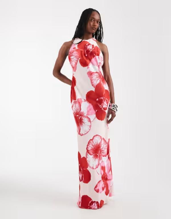 ベロモーダ レディース トップス ワンピース オープンバック フラワー柄 プリント ミディ サテン ノースリーブ フラワー Vero Moda Tall sleeveless open back satin midi dress with overblown