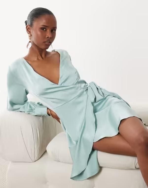 ヴィラ レディース トップス ワンピース ミニ サテン VILA long sleeve satin wrap mini dress milieu Green milieu グリーン