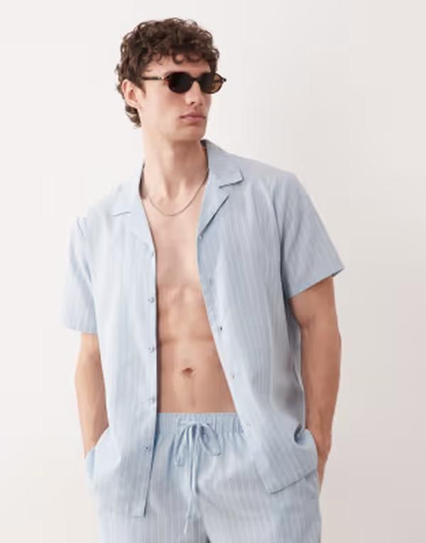 サウスビーチ メンズ トップス シャツ リネン South Beach short sleeve linen look shirt stripes Blue stripe ブルー
