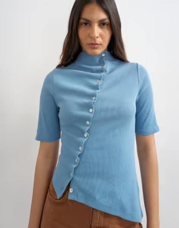 トップショップ レディース トップス Tシャツ ハイネック フリル Topshop high neck ruffle button up half sleeve top in dusty blue ブルー
