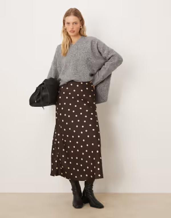 ヴィラ レディース ボトムスカート ドット柄 ドット プリント サテン マキシ VILA satin maxi skirt and cream polka dot print Coffee Bean コーヒー