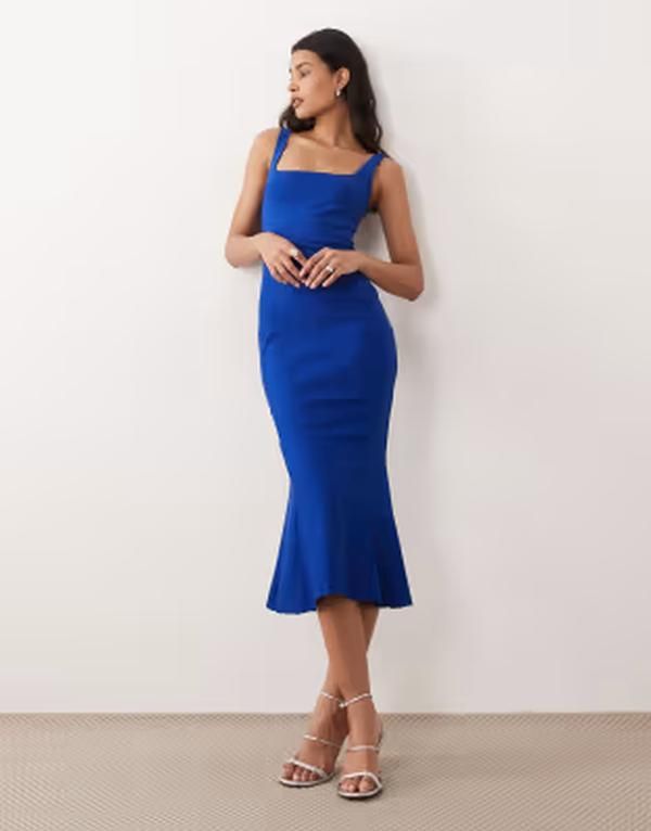 ベスパー レディース トップス ワンピース ミディ ノースリーブ Vesper bengaline sleevelessquare neck fishtail midi dress in cobalt コバルト