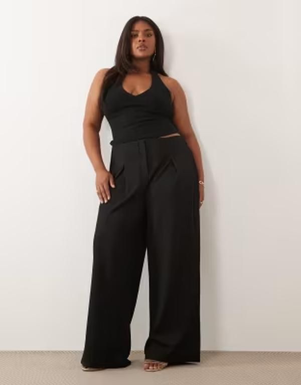 エイソス レディース ボトムス カジュアルパンツ ワイドレッグ ASOS Curve ASOS DESIGN Curve slinky twill tailored slouchy wide leg pants Black ブラック