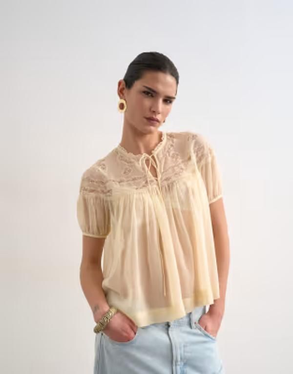 トップショップ レディース トップス シャツ レース Topshop lace detail short sleeve top with tie STONE ストーン 17,026円