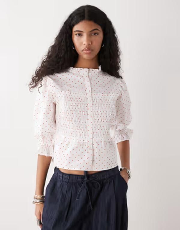 コルージョン レディース トップス シャツ ドット柄 ドット ブラウス COLLUSION shirred polka dot blouse WHITE ホワイト