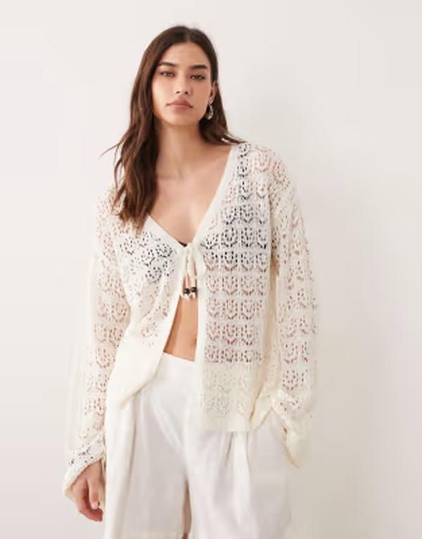 ミスセルフフリッジ レディース アウター カーディガン Misselfridge crochet boho tie front festival cardigan in cream クリーム