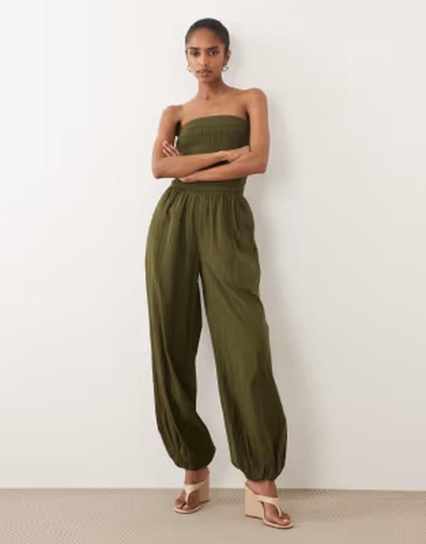 ノーバディーズ チャイルド レディース トップス ジャンプスーツ コットン Nobodys Child Carly cotton bandeau shirred bodice balloon leg jumpsuit Green グリーン