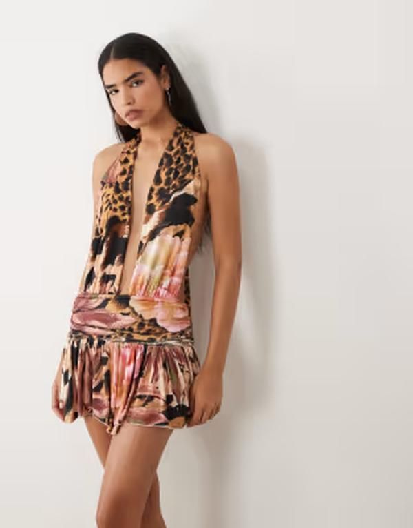 タイガーミスト レディース トップス ワンピース ウエストマーク フラワー柄 ミニ フラワー ホルター Tiger Mist Indi halterneck cinched waist fairy hemini dress in leopard florale