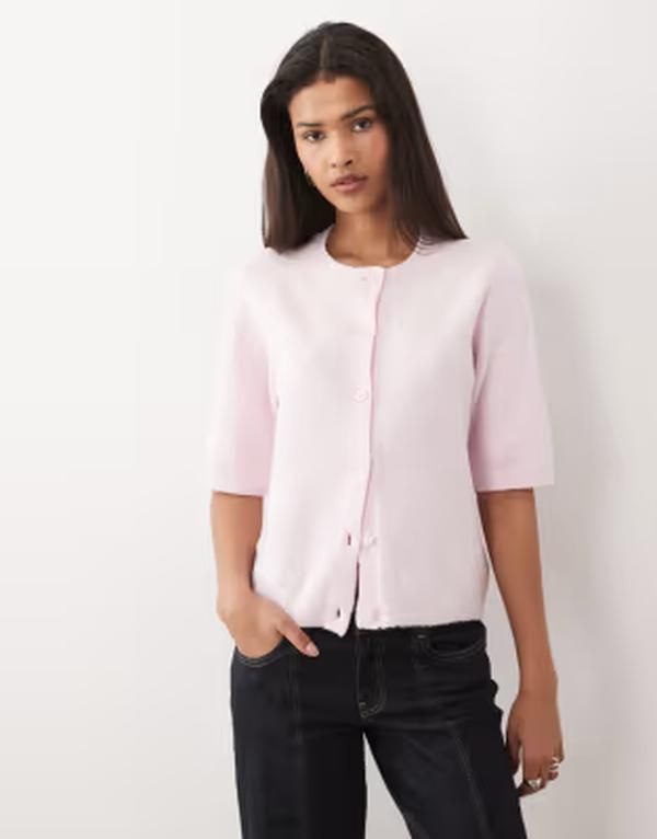 ヴィラ レディース アウター カーディガン ニット VILA short sleeve soft knit cardigan in heathered cherry blossom Cherry Blossom