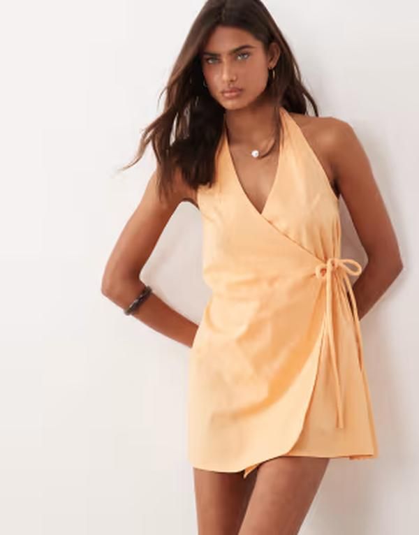 エイソス レディース トップス ワンピース ミニ コットン リネン ホルター ASOS DESIGN cottonlinen blend halter neck wrap mini sundress in orange spritz Orange Spritz