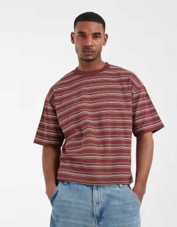 エイソス メンズ トップス Tシャツ ASOS DESIGN heavyweight boxy oversized tshirt stripes Burgundy stripe バーガンディ