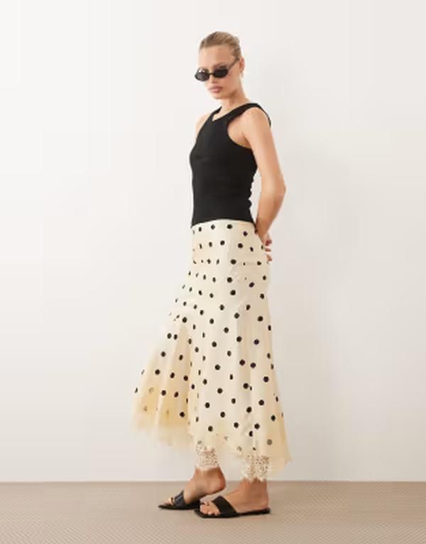 エイソス レディース ボトムスカート ドット柄 ドット プリント レース マキシ ASOS DESIGN lace hem fishtail maxi skirt in polka dot print Cream クリーム