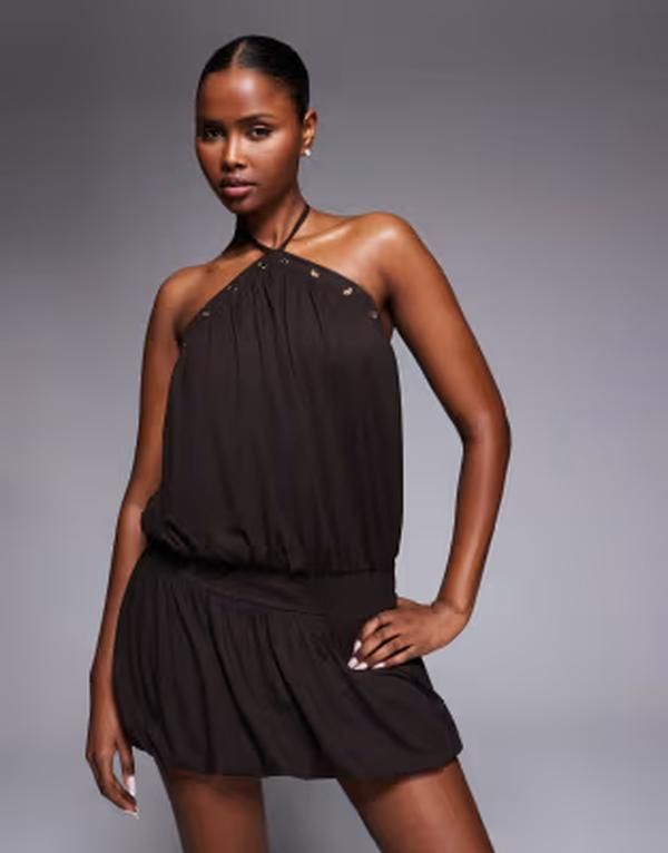 タイガーミスト レディース トップス ワンピース ミニ ホルター Tiger Mist Natasha eyelet detail halterneck dropped waist mini dress in chocolate BROWN ブラウン