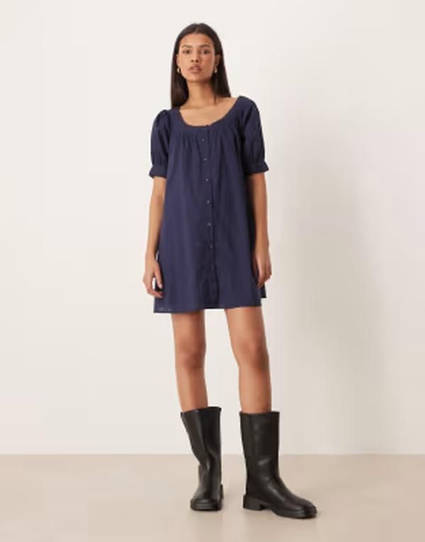 エイソス レディース トップス ワンピース ボタンダウン ミニ ダウン ASOS DESIGN babydoll button down mini dress Navy ネイビー