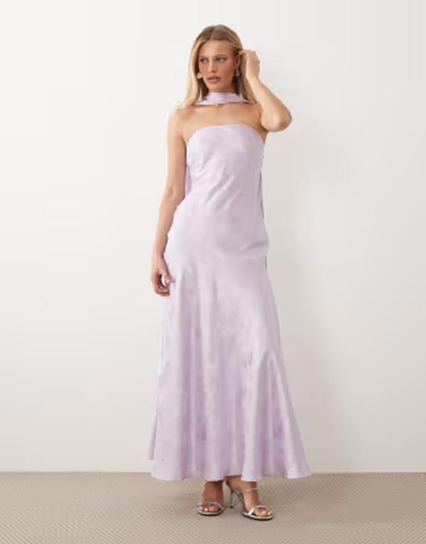 レア レディース トップス ワンピース フラワー柄 サテン マキシ フラワー Rare London bandeau scarf detail structured satin floral jacquard maxi dress in lilac ライラック