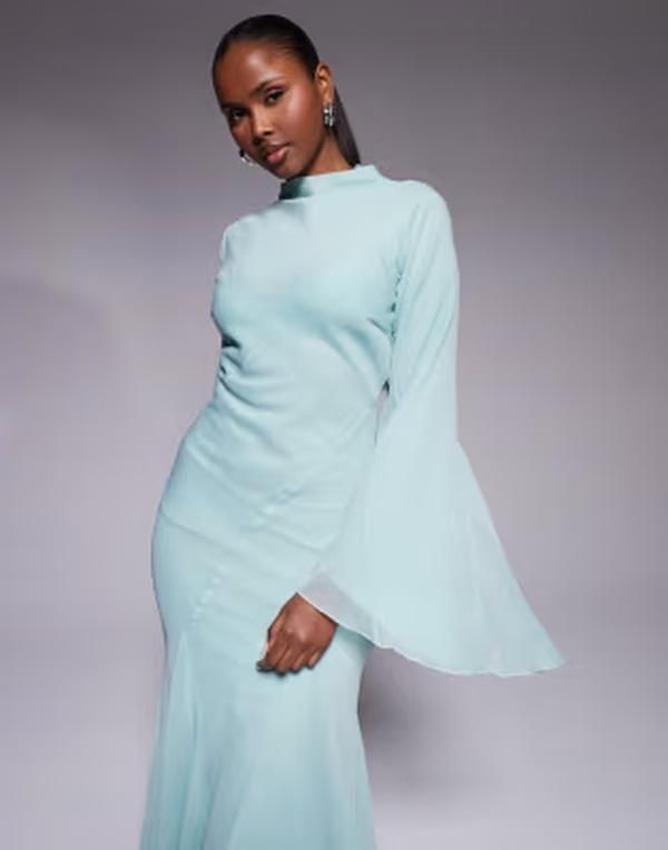 エイソス レディース トップス ワンピース ハイネック フリル マキシ ASOS DESIGN long sleeve high neck maxi dress with ruffle godets and flute sleeves in teal ティール
