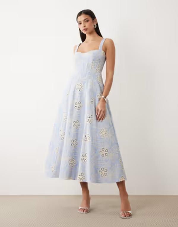 バードット レディース トップス ワンピース フラワー柄 ミディ フラワー Bardot Lilah broderie corset midi dress floral Baby Blue Floral ブルー