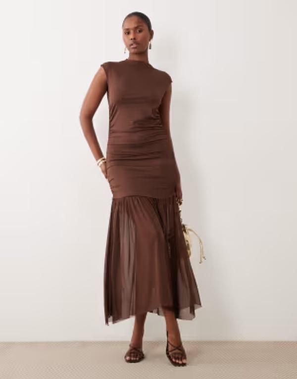 ヴィラ レディース トップス ワンピース ハイネック マキシ VILA high neck slinky maxi dress in chocolate Shaved Chocolate チョコレート