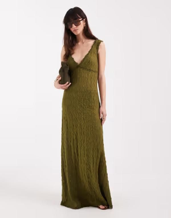 エイソス レディース トップス ワンピース レース マキシ ASOS DESIGN lace cami maxi dress in olive オリーブ