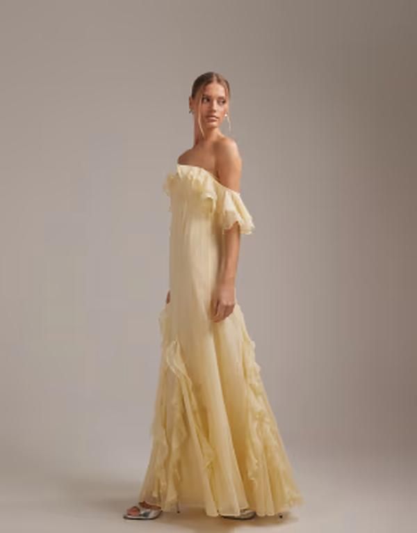 エイソス レディース トップス ワンピース シフォン フリル マキシ ASOS DESIGN bridesmaids bardot ruffle chiffon maxi dress in yellow イエロー