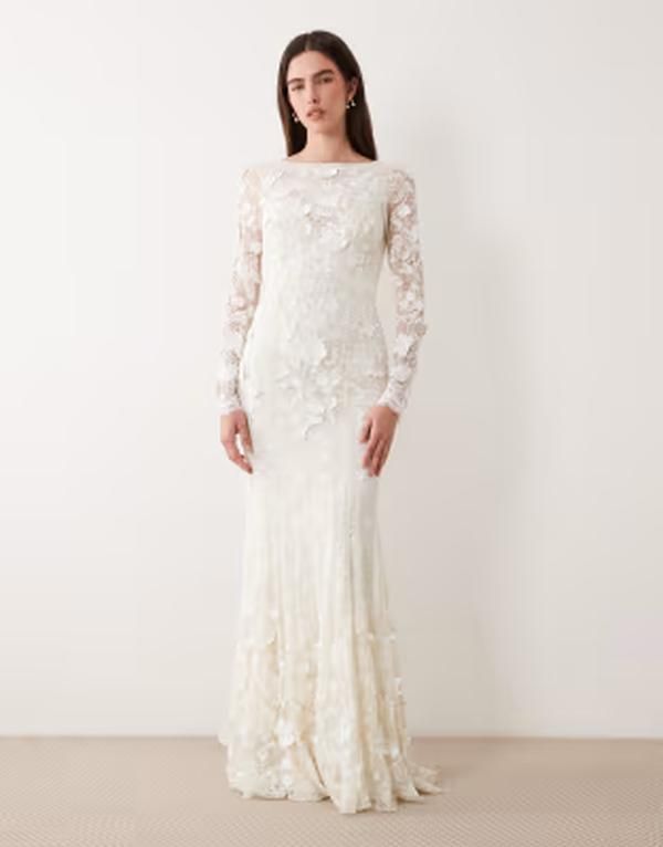 エイソス レディース トップス ワンピース オープンバック フラワー柄 刺繍 レース マキシ フラワー ASOS DESIGN floral appliquembroidered lace long sleeve open back maxi wedding