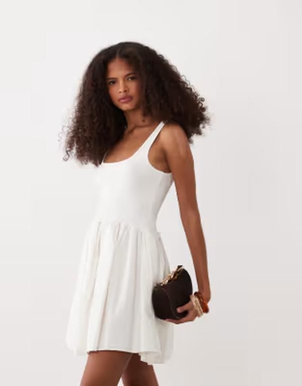 エイソス レディース トップス ワンピース リブ ミニ スカート ASOS DESIGN scoop ribbed bodice with poplin skirt mini dress WHITE ホワイト